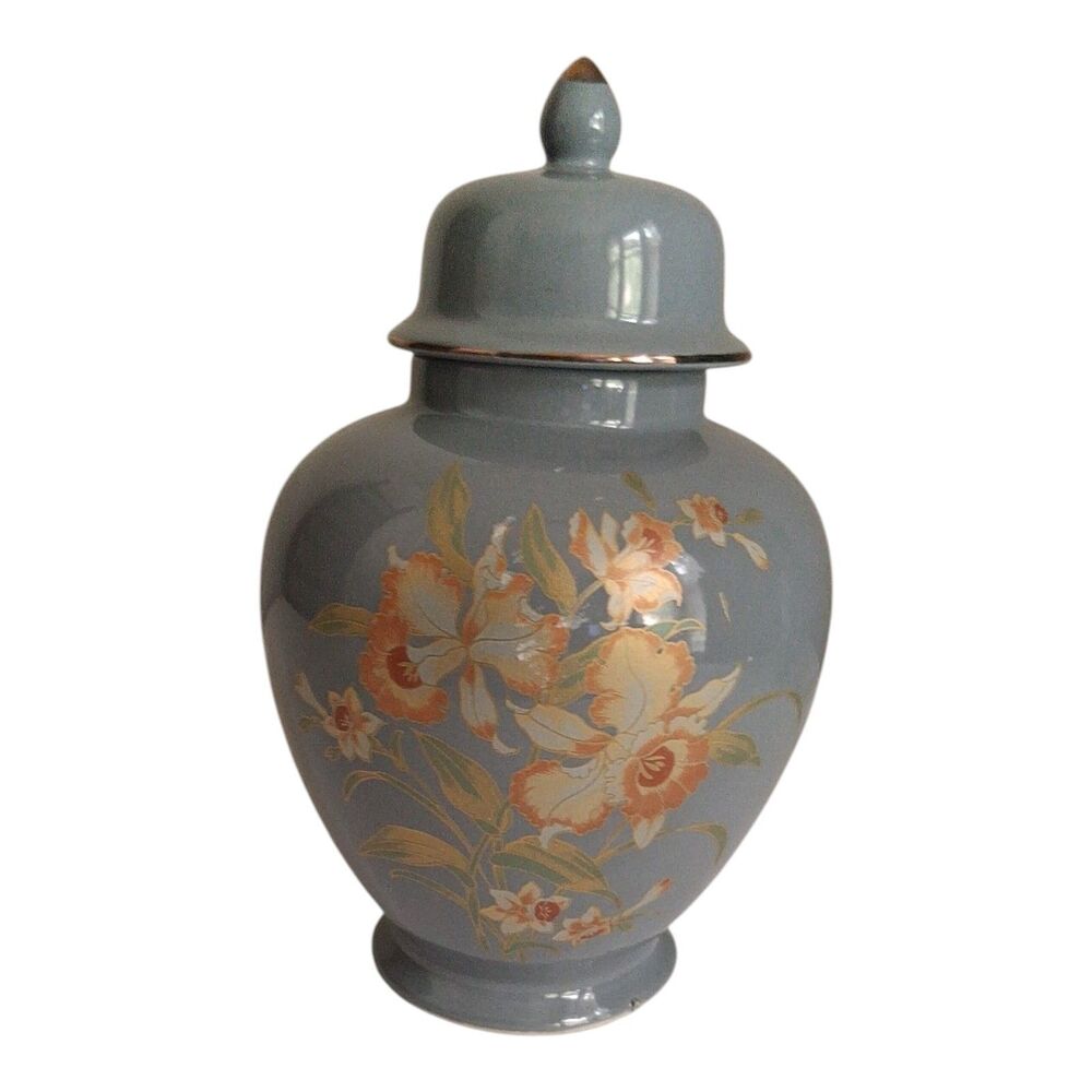 Ginger Jar Japanese With Lid Floral Bluish Grey Vintage